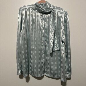 Blouseworks Womens Vintage Scarf Neck Blouse Size 14 Blue Satin Retro Secretary